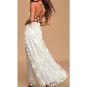 LULU'S XS Magically Charming White Sequin Embroidered Lace-Up Maxi Dress b156